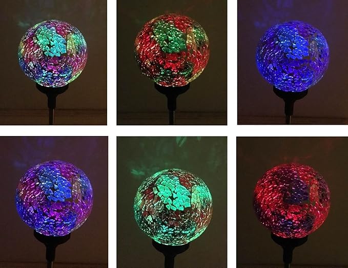 Colorful Ball Solar Lights (#Whitem003R), Solar Power Multi-Color Color Changing LED Mosaic Crackle Glass Ball Decorative Garden Yard Light Stake Lamp