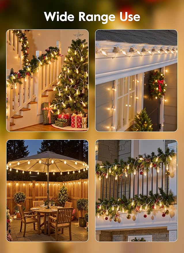 Vintage C9 LED Christmas Lights Outdoor, 50Ft C9 String with 50 Shatterproof Colorful Bulbs, Waterproof Connectable Christmas Tree Lights for Roofline Holiday Garden Party Xmas Decorations