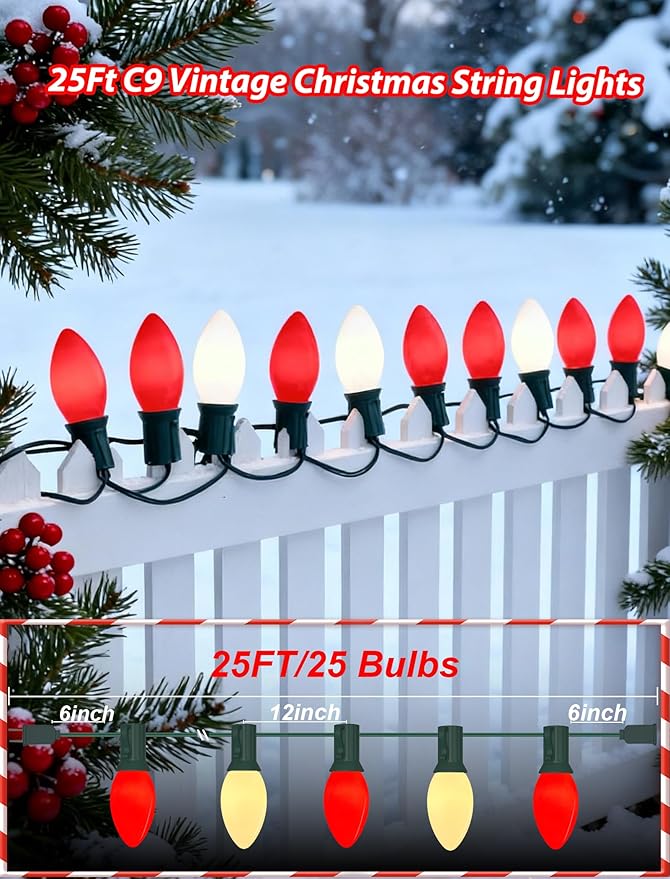 25FT C9 Christmas Lights Outdoor,Red and White C9 Christmas Lights with 26 Ceramic Bulbs(1 Spare), Connectable Incandescent Xmas Light for Indoor Outdoor Party Home Decor,Green Wire