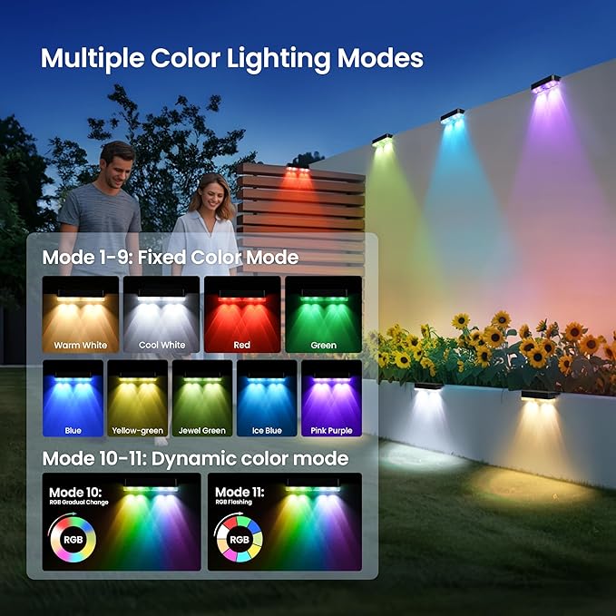 Solar Fence Lights Outdoor, 50 LM Solar Deck Lights 9 Fixed Colors & Color Changing Waterproof IP65 Step Light for | Lumora