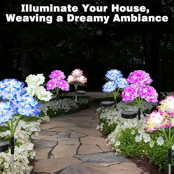 Lewondr 4 Pack Solar Garden Lights, Solar Flowers Lights with 4 Blooming Hydrangea Flowers, Waterproof Solar Lights Outdoor for Yard Porch Patio Backyard Pathway Gardening, 2 Lighting Modes, Colorful
