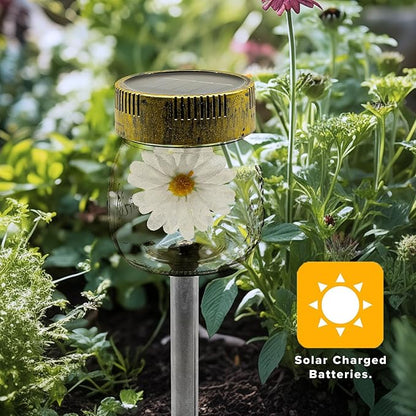 Crosslight 3-Pack Glass Daisy Flower in a Jar Stake Lights - Solar LED Waterproof Outdoor Garden Decor - Decorative Electronic Light Fixture Jars for Yard, Lawn, Patio, Deck, Pathway, Pond, Backyard