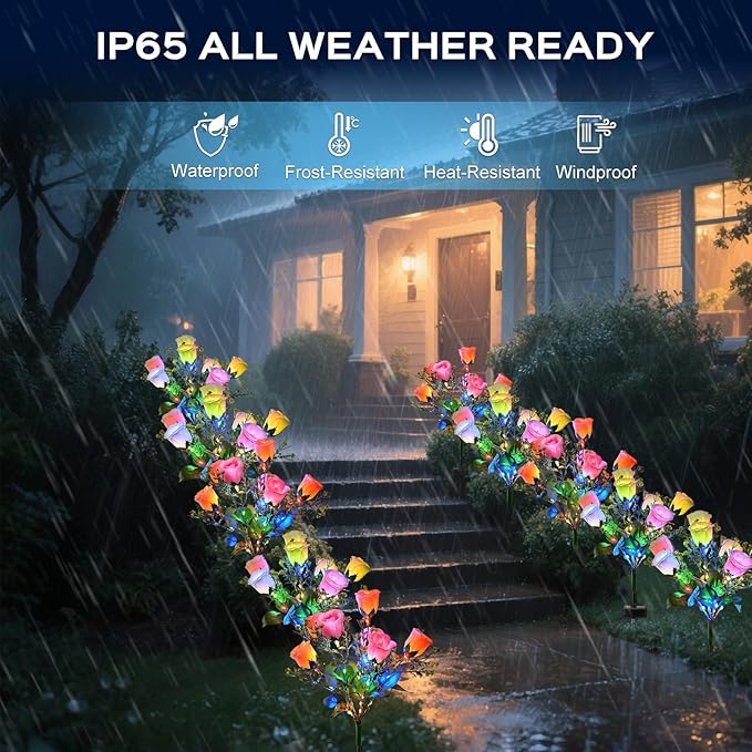 4 Pack Solar Garden Lights Outdoor, LED Colorful Waterproof Solar Powered Rose Flowers Landscape Lights for Outside Yard, Patio, Pathway Decorative, Décor, Gifts, Two Lighting Modes