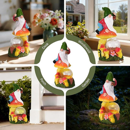 Garden Gnomes Outdoor Statues with Light, Spring Gnomes Decorations for Yard, Solar Garden Gnome with Mushroom Decor, Lawn Ornaments for Patio, Balcony Housewarming- Unique Women Gifts