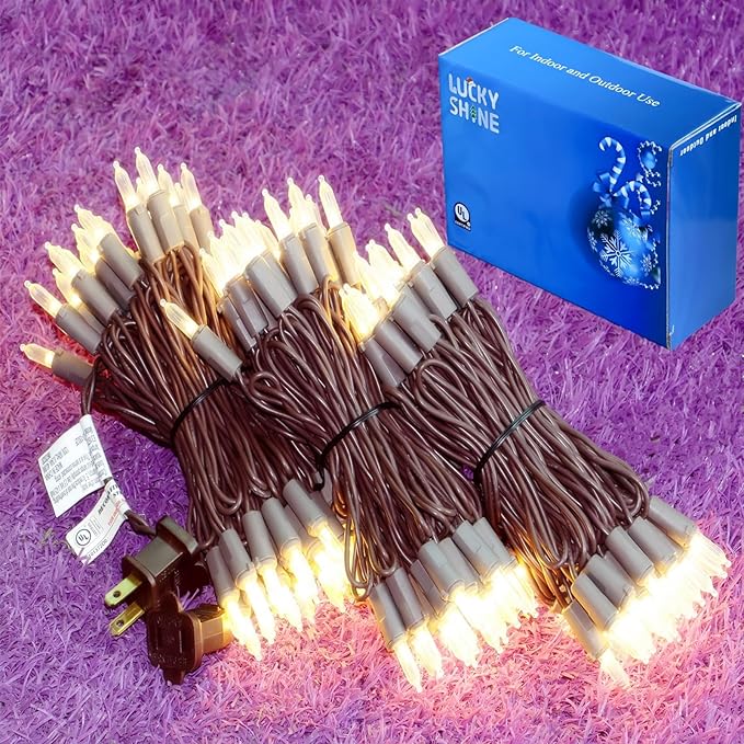 LUCKY SHINE 150 LED Warm White Christmas Lights, Commercial Grade Decorative Lighting String Brown Wire 50 FT, for Indoor Outdoor Party, Garden, Patio