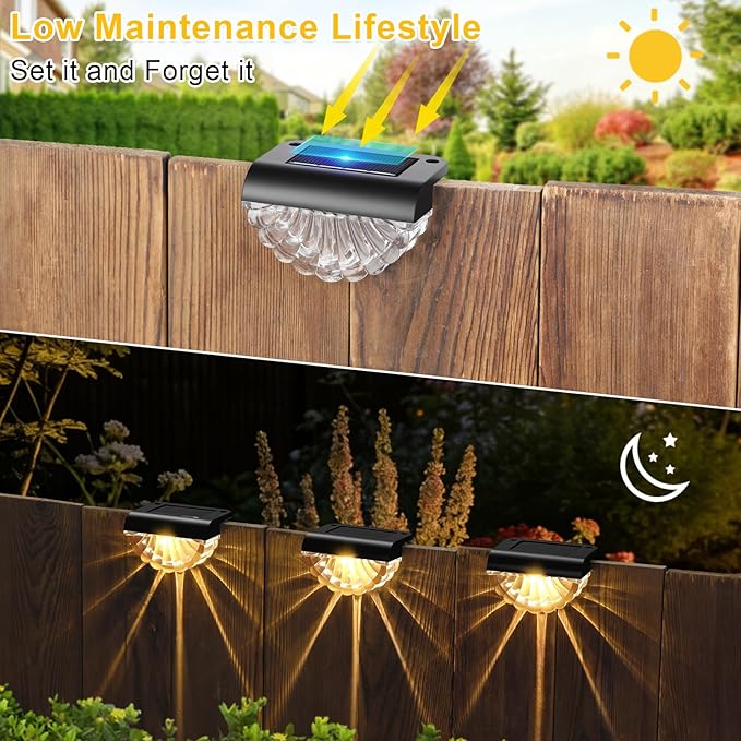 Greluna Solar Fence Lights Outdoor, 12 Pack Waterproof Deck Lights, Auto Dusk to Dawn Step Lights with Warm White | Lumora