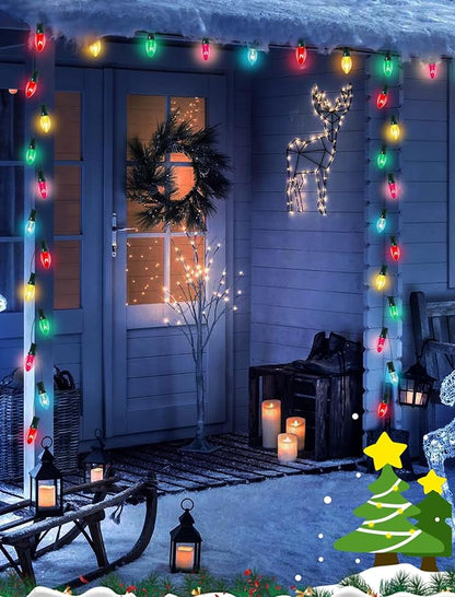 C7 Christmas Lights Outdoor, 25Ft Vintage Christmas String Lights with 27 Multicolor Clear Bulbs, Hanging Christmas Decorations Lights for Xmas Tree Roofline House Garden Patio Yard-Green