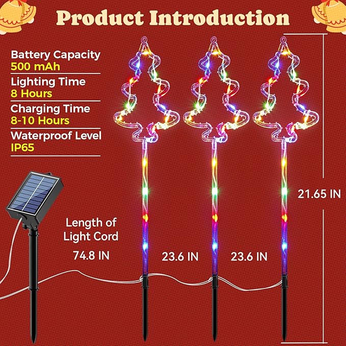 6 Packs Christmas Tree Solar Garden Lights with 8 Light Modes, 21.65 Inches Tall Christmas Outdoor Garden Light with 20 LEDs Each, Solar Outdoor Xmas Decor for Garden, Path, Patio (Multiple-Colored)