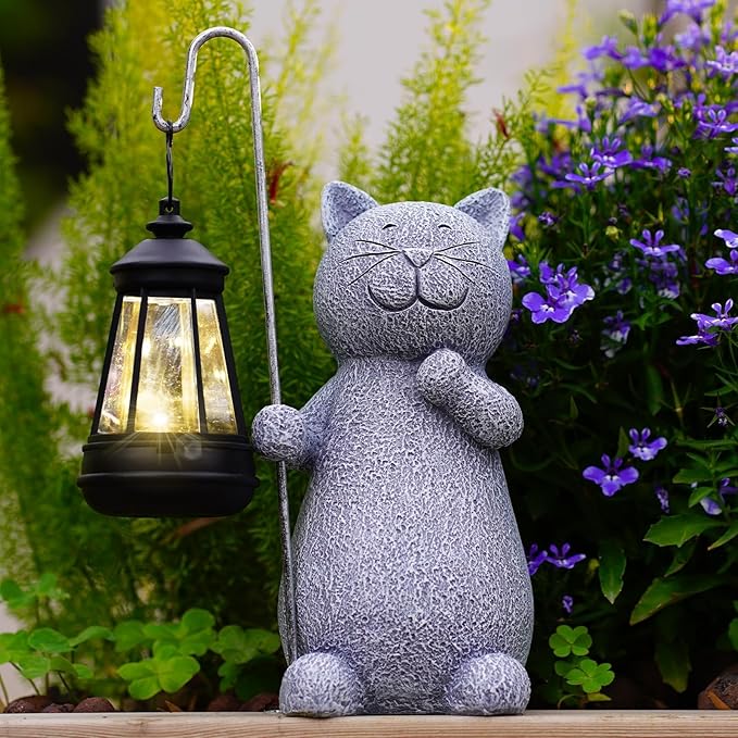 Qeeman Solar Cat for Garden Decor: Weatherproof Resin Statues with Lantern for Outdoor Outside Yard Pathway Patio Porch Balcony Decorations - Gifts for Mom Grandma Cat Lovers