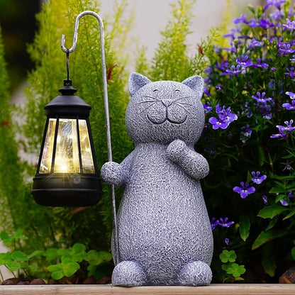 Qeeman Solar Cat for Garden Decor: Weatherproof Resin Statues with Lantern for Outdoor Outside Yard Pathway Patio Porch Balcony Decorations - Gifts for Mom Grandma Cat Lovers