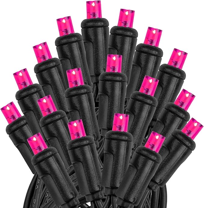 Novelty Lights 25ft Christmas String Lights, 50 Pink LED Bulbs on Black Wire, 6" Spacing, Connectable Indoor Outdoor Commercial Grade Lighting for Holidays Patio Weddings