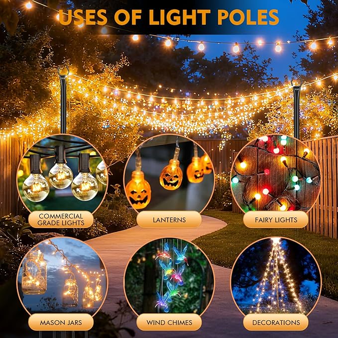 FEED GARDEN 5 Ft String Light Poles with Fence Brackets, Black Metal, 4 Pack, for Outdoor Deck Patio Backyard | Lumora