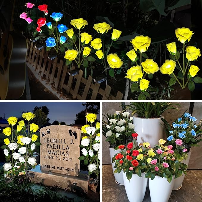Solar Garden Flowers Lights, Solar Outdoor Lights with More Realistic 10 Rose Waterproof for Outside Patio Yard Pathway Decorations, 2 Pack Yellow