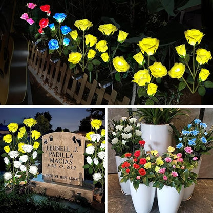 Solar Garden Flowers Lights, Solar Outdoor Lights with More Realistic 10 Rose Waterproof for Outside Patio Yard Pathway Decorations, 2 Pack Yellow