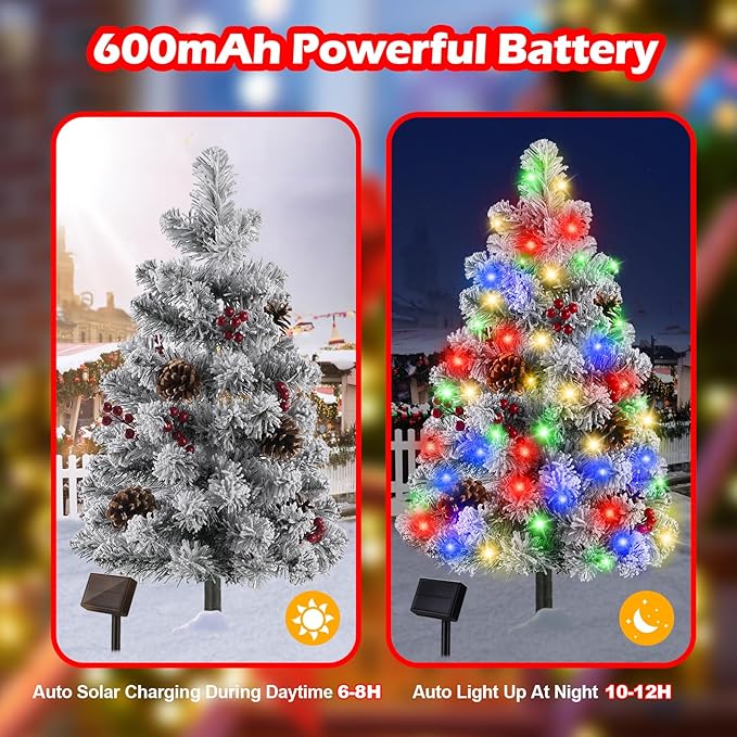 Brightever Solar Christmas Tree Lights Snow Flocked, 68LED Christmas Outside Decor with 8 Lighting Modes, Pine | Lumora