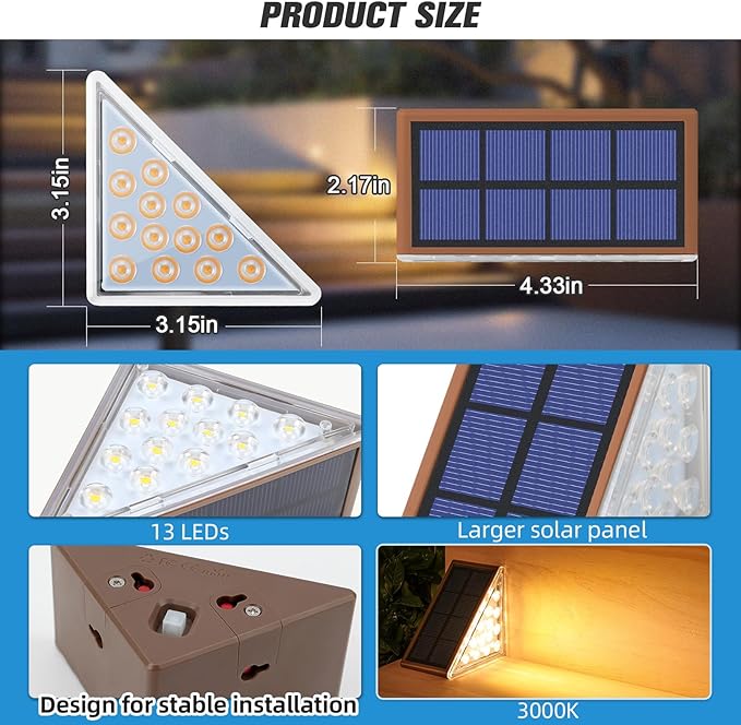 NIORSUN Outdoor Stair Lights 24 Pack, Solar Step Lights IP67 Waterproof with 13 Bright LEDs, 3000K Warm White, Auto On/Off, Triangular Design for Steps, Deck, Patio, Yard, Porch, Sidewalk