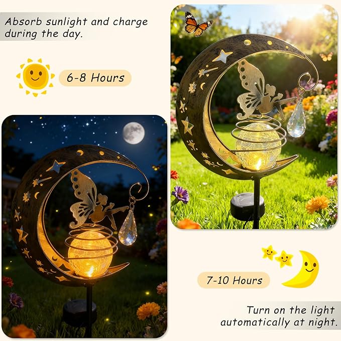 QISHENG - Outdoor/Garden Waterproof Solar Lights,Fairy Under The Moon with Crystal Ball for Patio/Lawn/Yard/Pathway, Garden Decor. (Warm Gold)