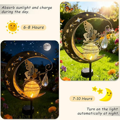 QISHENG - Outdoor/Garden Waterproof Solar Lights,Fairy Under The Moon with Crystal Ball for Patio/Lawn/Yard/Pathway, Garden Decor. (Warm Gold)