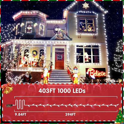 XURISEN 403FT 1000 LED String Lights Outdoor Green Wire Christmas Lights 8 Modes & Timer Waterproof Fairy Lights Plug in for Party, Wedding, Yard, Garden, Indoor/Outdoor Decorations(Cool White)