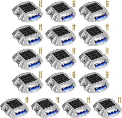 Solar Dock/Deck Lights 16-Pack LED Pathway Driveway Bright Blue with Screw Wireless IP68 Waterproof Outdoor Warning Step Lights for Garden Walkway Sidewalk Yard