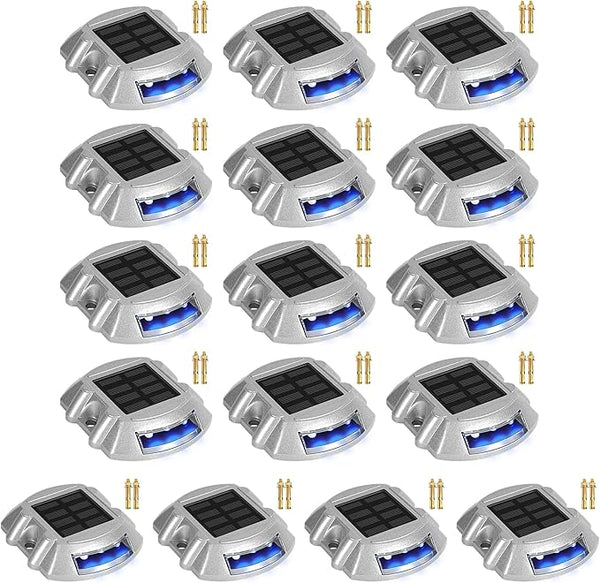 Solar Dock/Deck Lights 16-Pack LED Pathway Driveway Bright Blue with Screw Wireless IP68 Waterproof Outdoor Warning | Lumora