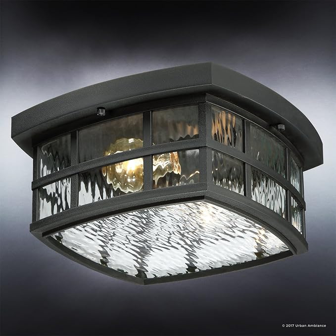 Urban Ambiance Luxury Craftsman Outdoor Ceiling Light, Small Size: 5.75" H x 12" W, with Tudor Style Elements, Highly-Detailed Design, High-End Black Silk Finish and Water Glass, UQL1248