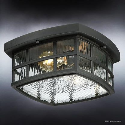 Urban Ambiance Luxury Craftsman Outdoor Ceiling Light, Small Size: 5.75" H x 12" W, with Tudor Style Elements, Highly-Detailed Design, High-End Black Silk Finish and Water Glass, UQL1248