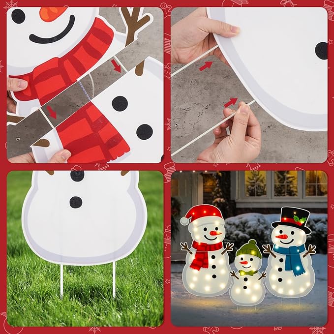 Large Illuminated Christmas Snowman Outdoor Decoration, 3-Piece pre-Installed Light 2D Snowman Family Set, Equipped with 30 Warm White Lights, Suitable for Balconies, lawns, and Gardens