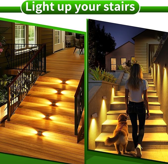 JSOT Solar Fence Lights Outdoor - 8 Pack Waterproof Deck Stair Step Light 5 Lighting Modes for Backyard Garden Wall Outside Patio Decor (Warm Light)