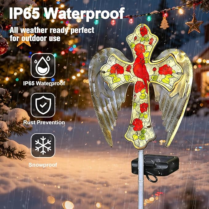 Solar Cross Lights Outdoor, Solar Cardinal Stake Lights Cemetery Decorations for Grave, Jesus Cross Sympathy Memorial Gifts for Christmas Women Mom, Glass Garden Art for Cemetery Yard Patio