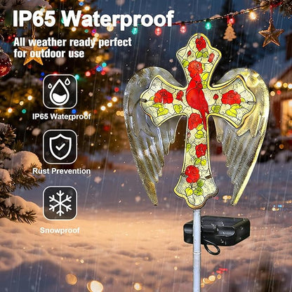 Solar Cross Lights Outdoor, Solar Cardinal Stake Lights Cemetery Decorations for Grave, Jesus Cross Sympathy Memorial Gifts for Christmas Women Mom, Glass Garden Art for Cemetery Yard Patio