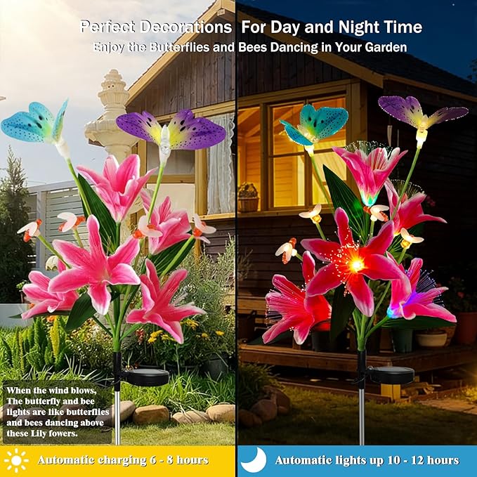 Solar Flower Lights Outdoor Garden Decor,2Pack Color Changing lilies flowers with Flying Butterfly and Bee,22LED Lily Solar Garden lights Outside for Path Yard Patio Lawn Party Mom day Decor