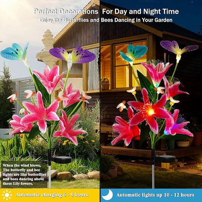 Solar Flower Lights Outdoor Garden Decor,2Pack Color Changing lilies flowers with Flying Butterfly and Bee,22LED Lily Solar Garden lights Outside for Path Yard Patio Lawn Party Mom day Decor