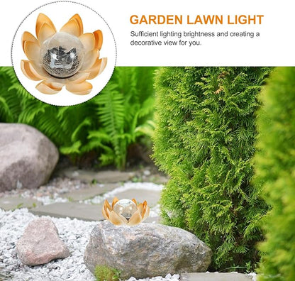Solar LED Lotus Flower Lawn Light Yellow, Crackle Glass Solar Garden Path Light Waterproof Outdoor Landscape Lamp for Yard and Patio Decor