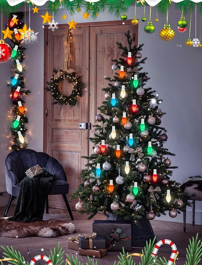 C7 Christmas Lights Outdoor, 25Ft Vintage Christmas String Lights with 27 Multicolor Ceramic Bulbs, Hanging Christmas Decorations Lights for Xmas Tree Roofline House Garden Patio Yard-White