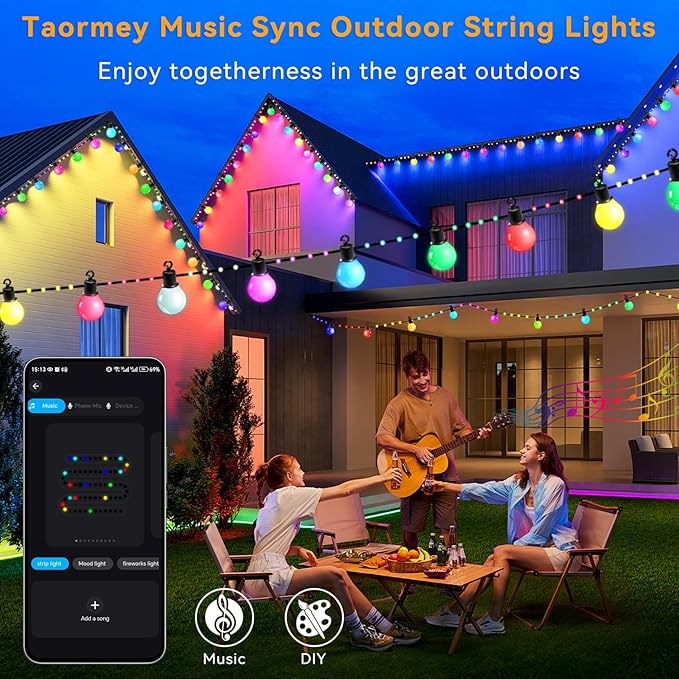Smart Outdoor String Lights, 65.6Ft RGBIC Color Changing LED Patio Light IP67 Waterproof with 26 G40 Bulbs,App Control,Remote,Music Sync Outdoor Hanging Lights USB Plug-in for Garden Yard Camper Party
