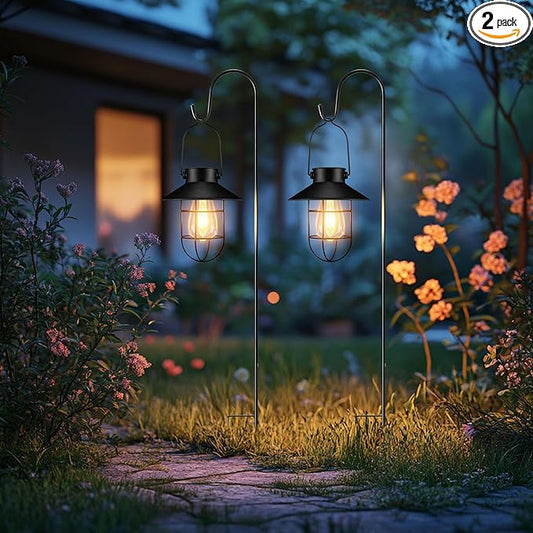 2 Pack Shepherd Hook Outdoor Waterproof Hanging Black Solar Lanterns Porch Lighting Decoration Outdoor Lanterns for Patio Waterproof