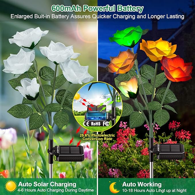 Solar Lights Outdoor Waterproof, 2026 Upgraded Solar Garden Lights with Beautiful & Realistic Rose Flowers, 7 Color Changing Outdoor Solar Lights for Outside Yard Porch Patio Garden Decor, 3 PK