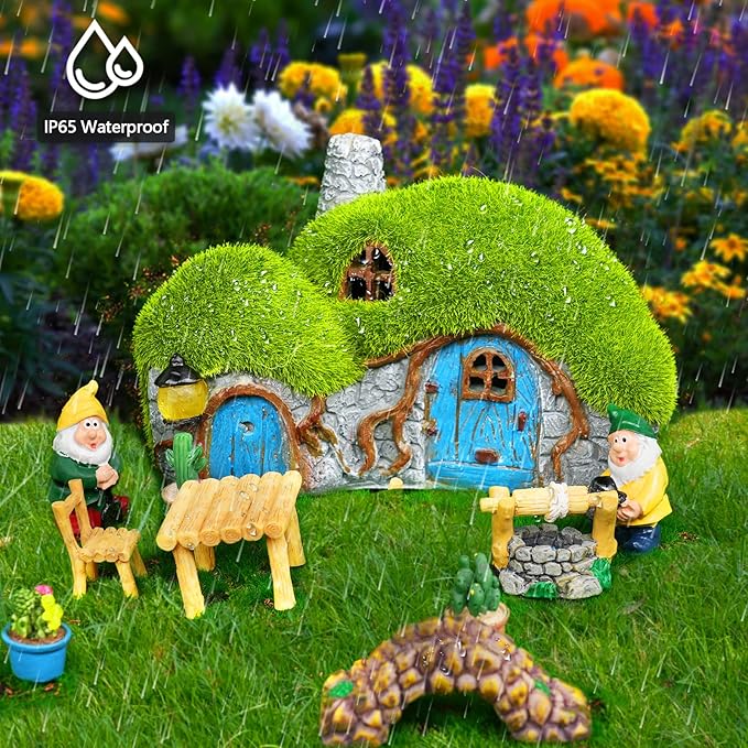Garden Statues Outdoor Decor - Fairy House with Waterproof Solar Lights Resin Figurines for Yard Lawn Porch Outside | Lumora