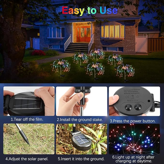 Lewondr Firework Solar Garden Lights, 120 LED Solar Firework Lights with 8 Lighting Modes, Waterproof Sparkler Starburst Solar Lights Outdoor for Yard Porch Patio Backyard Decor Present, 4 Pack