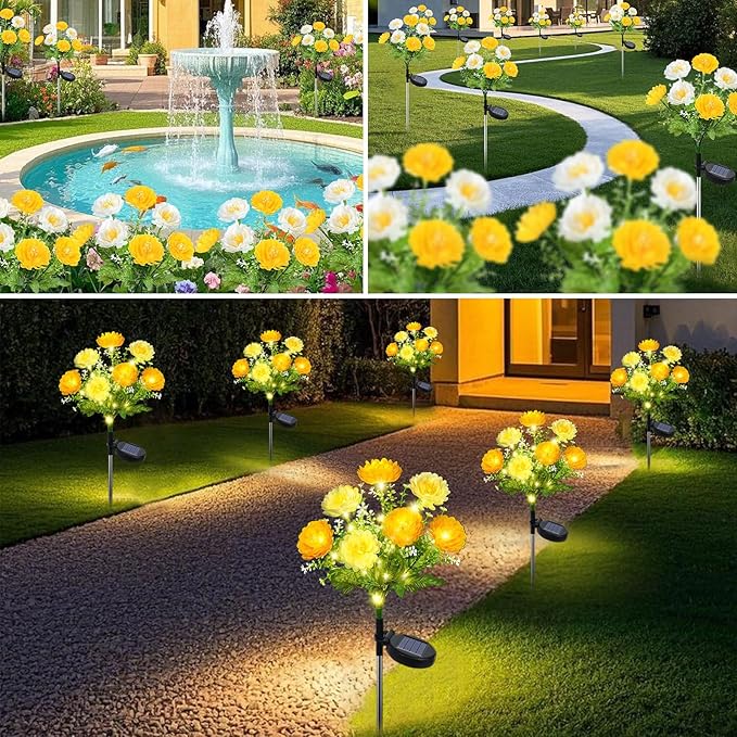 2 Pack Solar Flower Lights Outdoor - 14 Blooming Waterproof Snow Lotus Garden Lights for Patio, Yard, Pathway, and Landscape Decoration - Auto On/Off, IP65