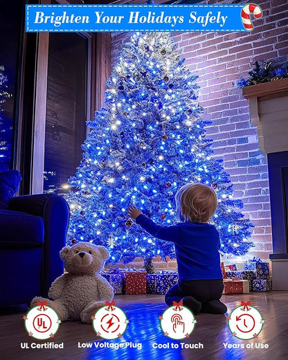 355FT 900 LED Blue and White Christmas Lights, Extra Long Outdoor String Lights Waterproof, Timer & Memory, 8 Modes Dimmable Plug in Fairy Lights for Outside Tree Wedding Patry Holiday Decorations