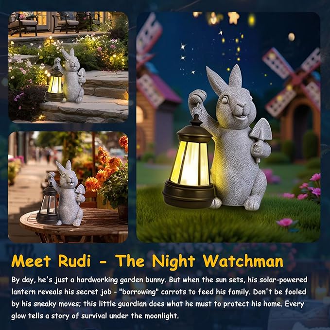 Rabbit Statue Garden Ornaments Art Outdoor Decoration with Solar Powered LED Lights Decor for Patio,Balcony,Yard, Mum Birthday Gifts, Garden Gifts for Women, Chrismtas Gifts for Mom Grandma