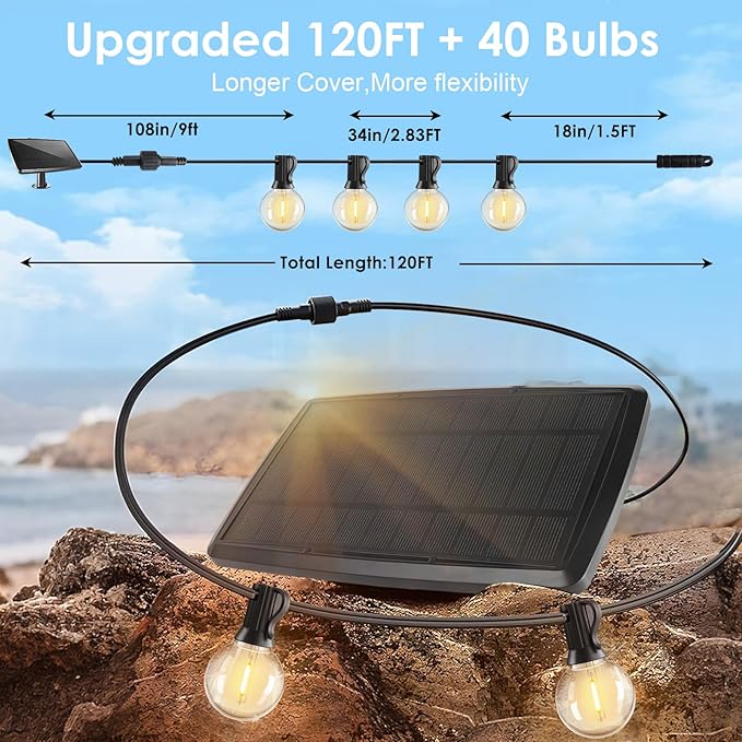 120FT Solar String Lights Outdoor Waterproof with Remote, G40 Solar Powered String Lights with 40+2 LED | Lumora