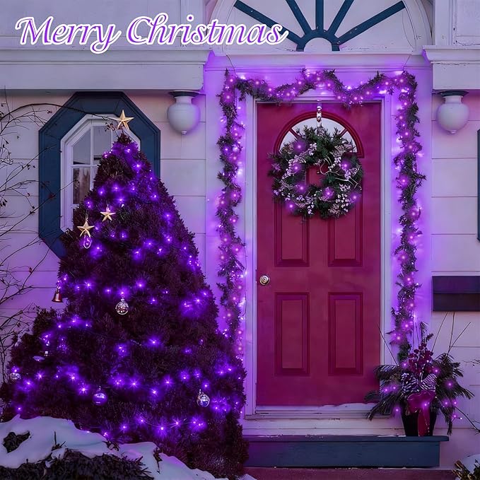 QITONG Purple Solar Christmas Lights, 2 Pack Each 66ft 200 LED Christmas String Lights Outdoor Waterproof, 8 Modes Green Wire Twinkle Lights for Outside