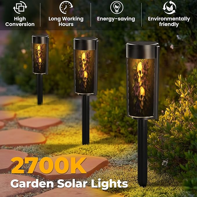 4 Pack Solar Pathway Lights Outdoor Waterproof Dark Purple Black Blue Skull Flowers Vintage Skulls Roses Leaves | Lumora