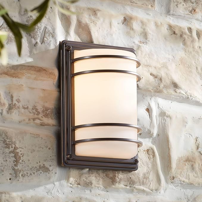 John Timberland Habitat Modern Outdoor Wall Light Fixture Rubbed Bronze 11" Opal Glass Shade for Exterior Barn Deck House Porch Yard Patio Outside Garage Front Door Garden Home Roof Lawn