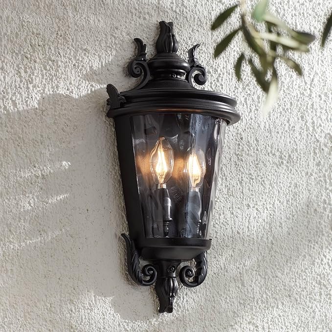 John Timberland Casa Marseille European Outdoor Wall Light Fixture Textured Black Scroll 17" Clear Hammered Glass | Lumora