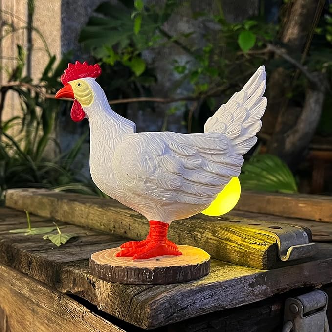 Solar Garden Statues Outdoor Decor, Miniature Chicken Egg Lamp Figurine Mother’s Day Decorations Chickens Lights with Egg in Butt LED 3D Sculpture for Patio, Lawn - Unique Christmas Housewarming Gift