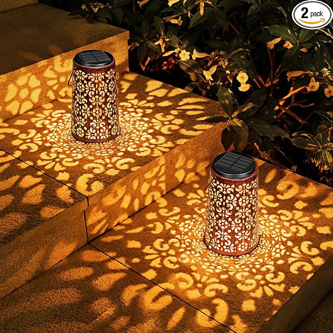 Solar Lanterns Outdoor Hanging, 2 Pack - Metal Waterproof Solar Lights Outdoor Decorations for Patio Table Lamps, Durable, Beautiful Lighting for Garden Lawn, Pathway, Tree, Wall, and Tabletop